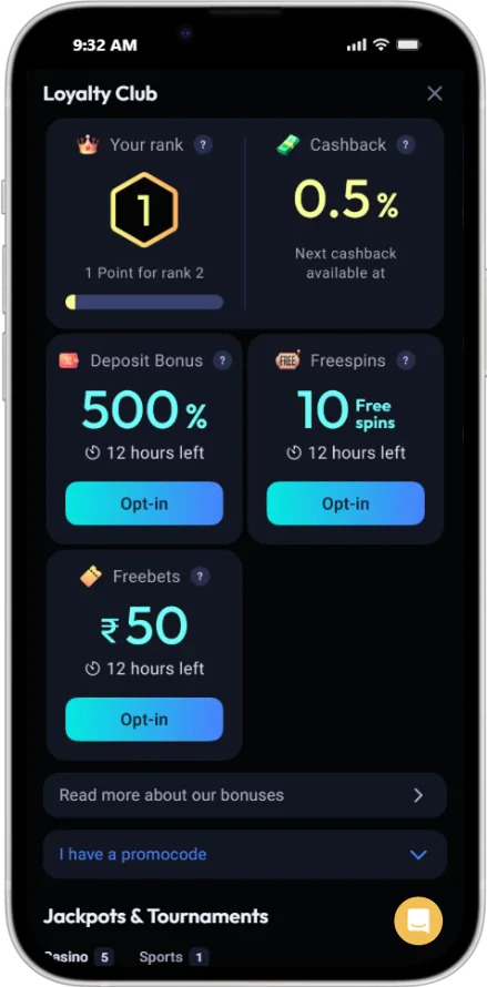 Screenshot of the CV666 Casino Bonuses App Bonuses page