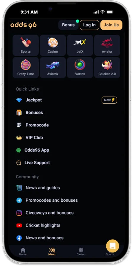 Screenshot of the CV666 Casino Bonuses App Menu